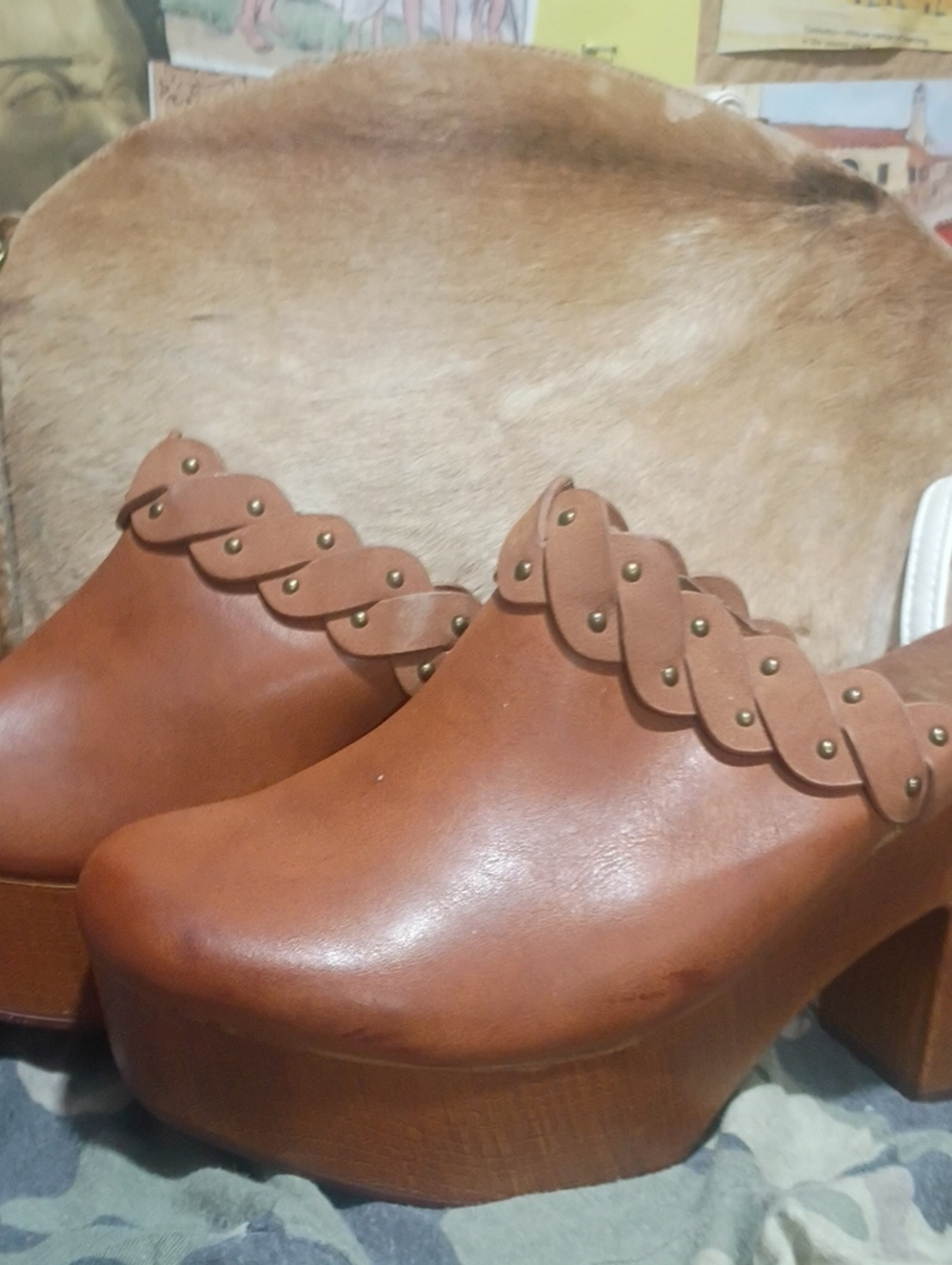 Women's Tan Platform Clog Mules with Braided Stud Trim